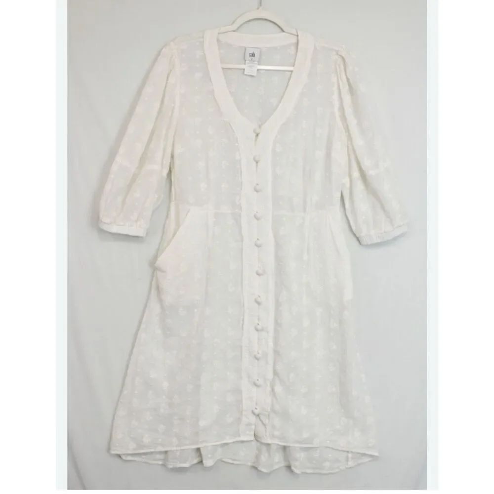 Cabi  white embroidered sheer dress button front 6 with pockets